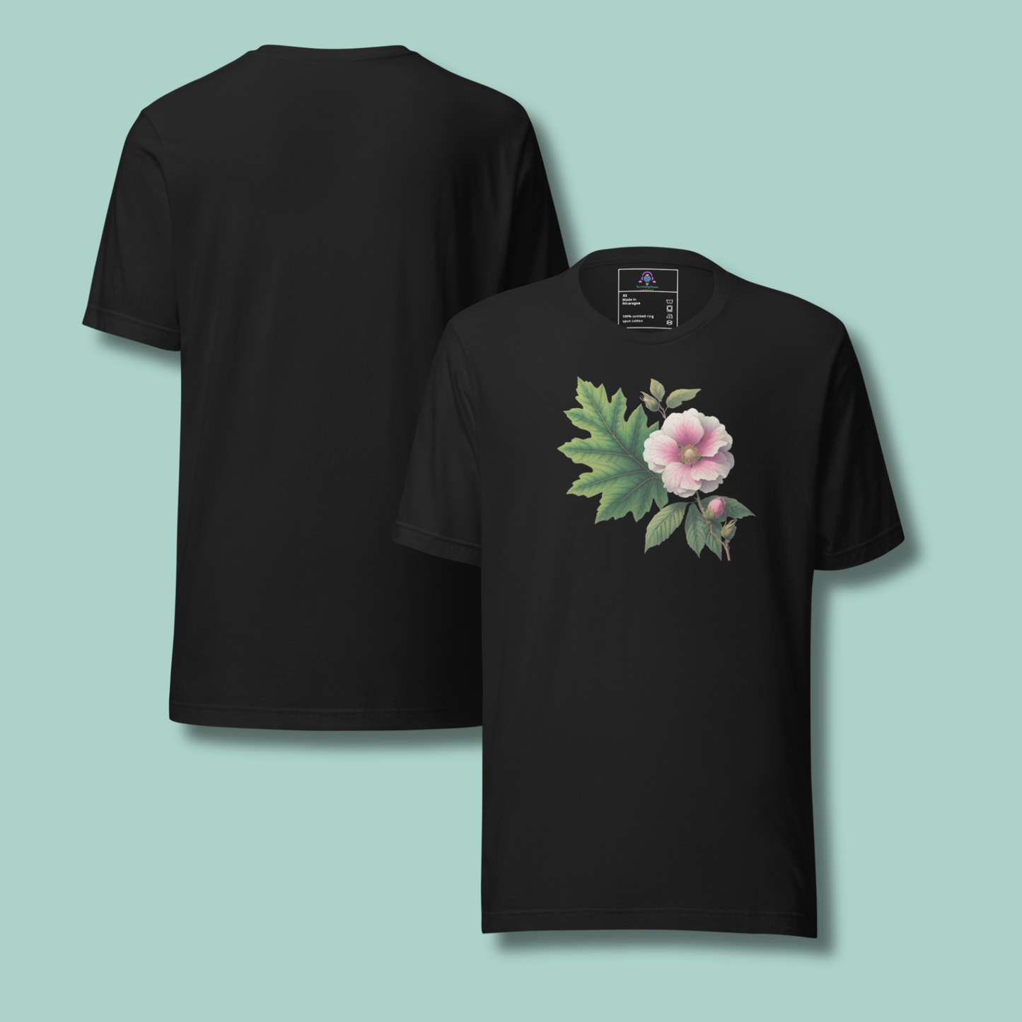 Black t-shirt with floral design on a light blue background - mugunghwa and oak leaf botanical design - black short sleeve tshirt