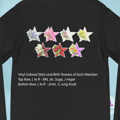 Black shirt with colorful stars and birth flowers of each member on a blue background - The Insignia Bloom Long Sleeve Shirt (Unisex) - 7 Stars collection design - BTS / Bangtan members birth flowers and Arirang vinyl colors