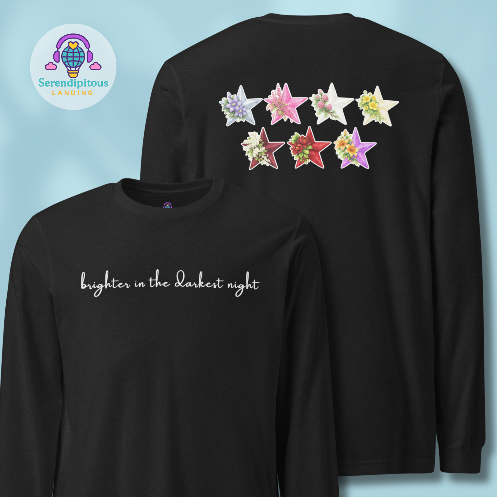 Black long-sleeve shirt with colorful star designs on the back and 'brighter in the darkest night' text on the front, against a light blue background. - The Insignia Bloom Long Sleeve Shirt (Unisex) - 7 Stars collection design - BTS / Bangtan members birth flowers and Arirang vinyl colors