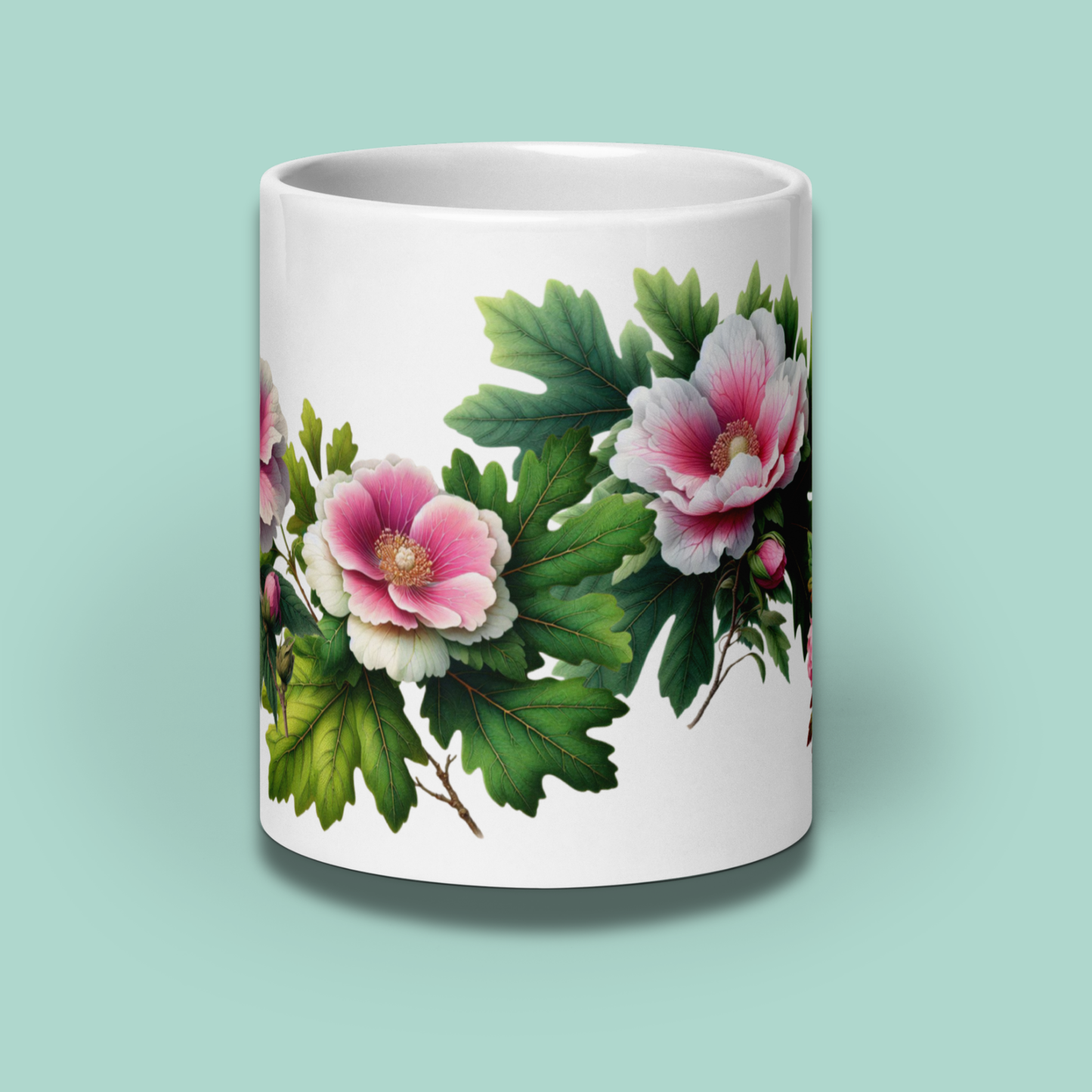 Mug with floral design on a light green background - mugunghwa and oak leaf botanical design - 20 oz ceramic mug