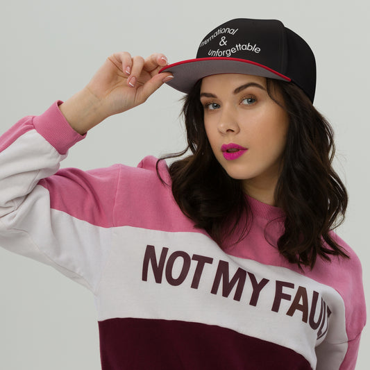 black and red embroidered hat - Laureles Internacionales Snapback Hat | Serendipitous Landing