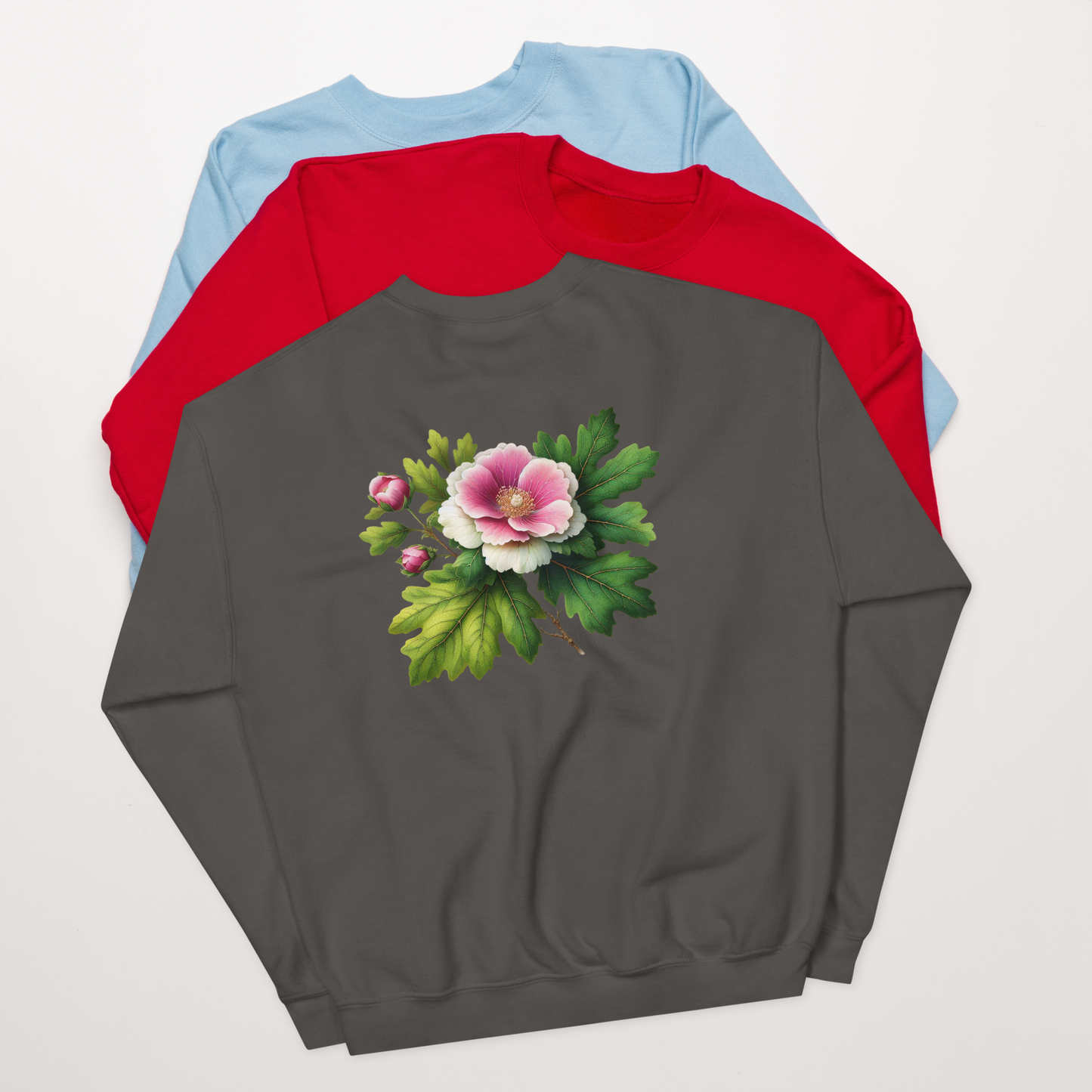 Gray sweatshirt with floral design on a white background  - mugunghwa and oak leaf botanical design - medium grey gray sweatshirt - [SAMPLE SALE] Mugunghwa & Oak Leaf Embroidered Sweatshirt (Unisex) | Serendipitous Landing