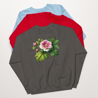 Gray sweatshirt with floral design on a white background  - mugunghwa and oak leaf botanical design - medium grey gray sweatshirt - [SAMPLE SALE] Mugunghwa & Oak Leaf Embroidered Sweatshirt (Unisex) | Serendipitous Landing