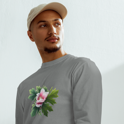 Man wearing a gray t-shirt with a floral design against a plain background - mugunghwa and oak leaf botanical design - medium grey gray long sleeve tee, tshirt