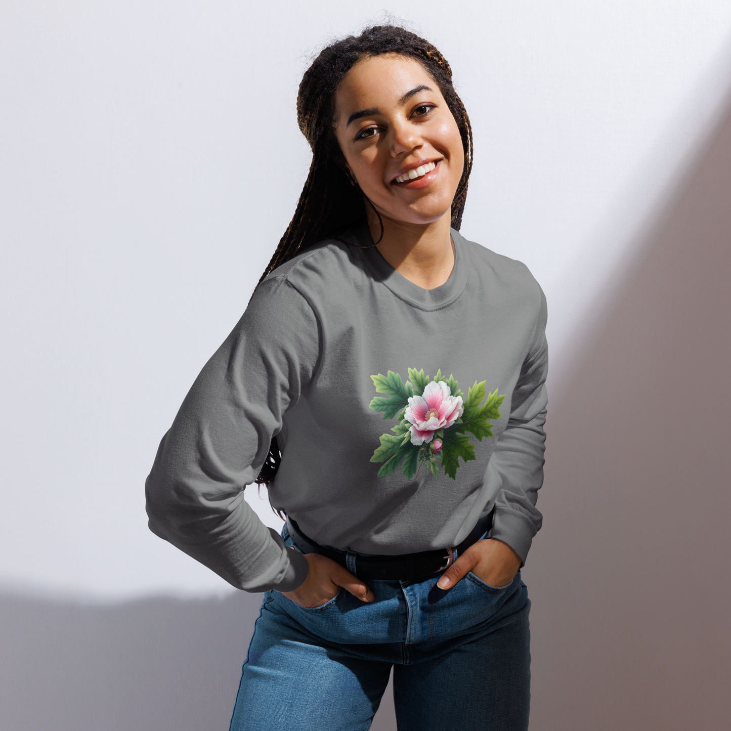 Person wearing a gray long-sleeve shirt with a floral design on a plain background - mugunghwa and oak leaf botanical design - medium grey gray long sleeve tee, tshirt