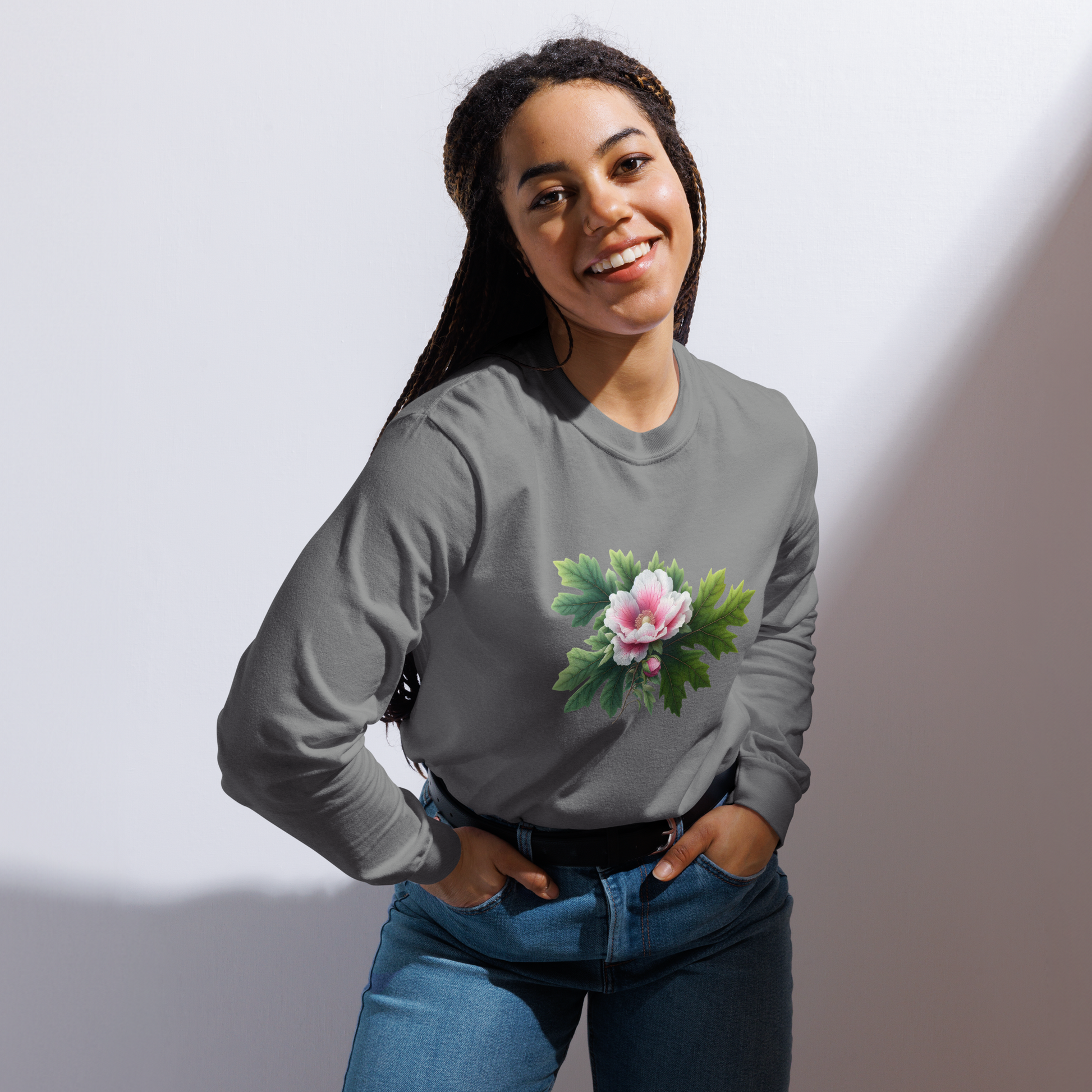 Person wearing a gray long-sleeve shirt with a floral design on a plain background - mugunghwa and oak leaf botanical design - medium grey gray long sleeve tee, tshirt