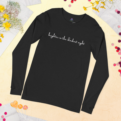 Black long-sleeve shirt with 'brighter in the darkest night' text on a decorative background with flowers and confetti. - The Insignia Bloom Long Sleeve Shirt (Unisex) - 7 Stars collection design - BTS / Bangtan members birth flowers and Arirang vinyl colors