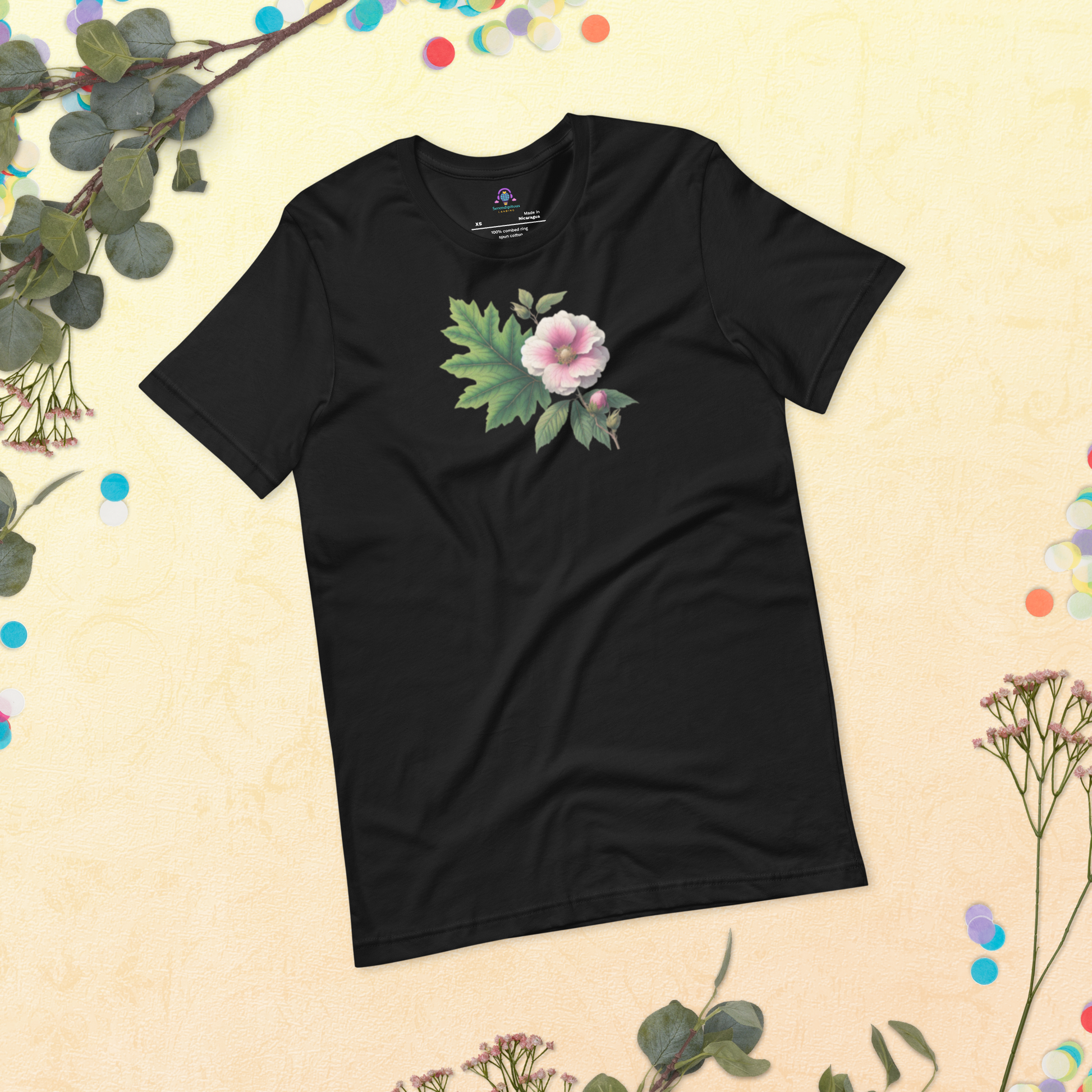 mugunghwa and oak leaf botanical design - black short sleeve tshirt